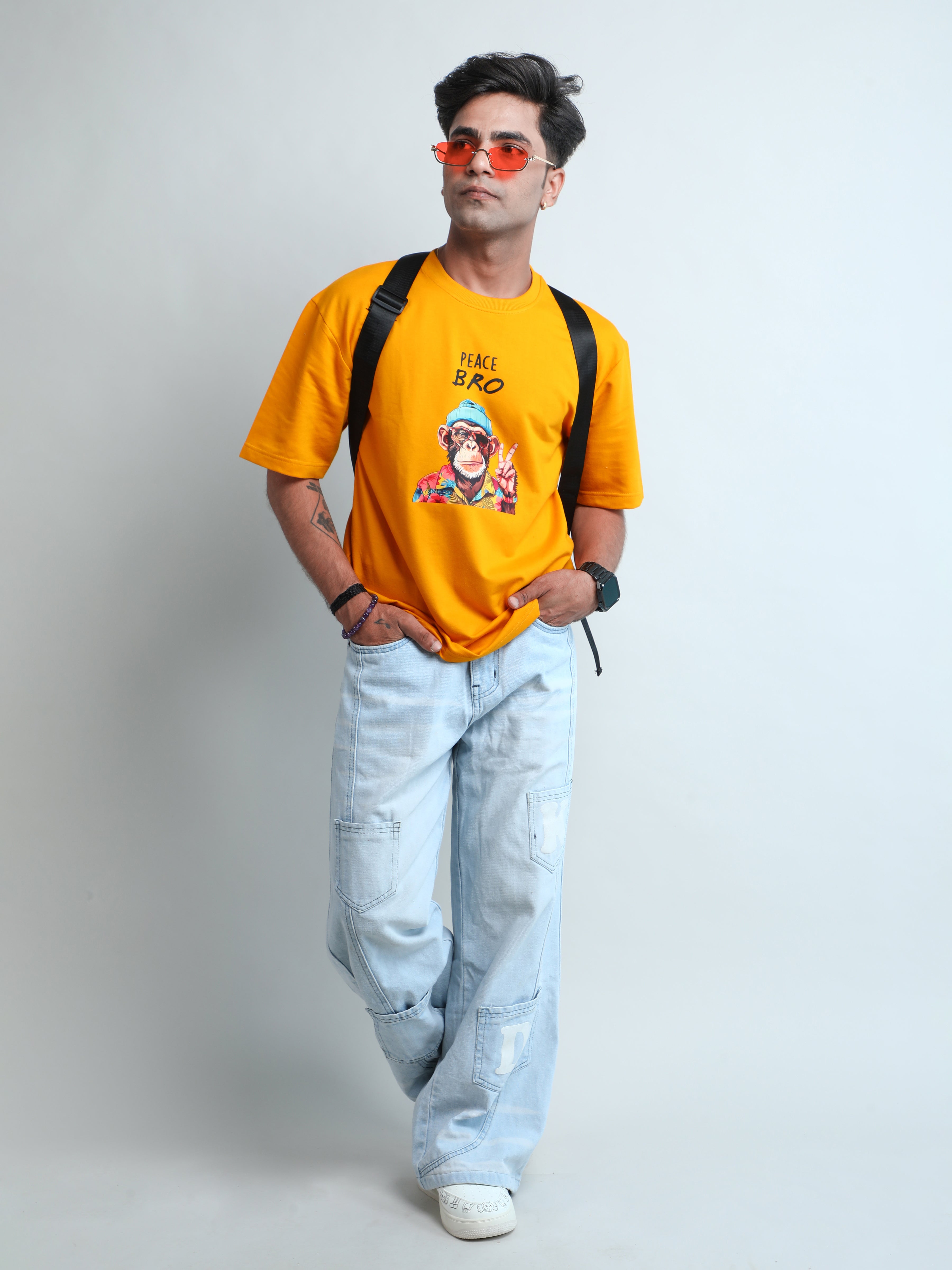 Sunflower yellow colour unisex oversized t-shirt with monkey print