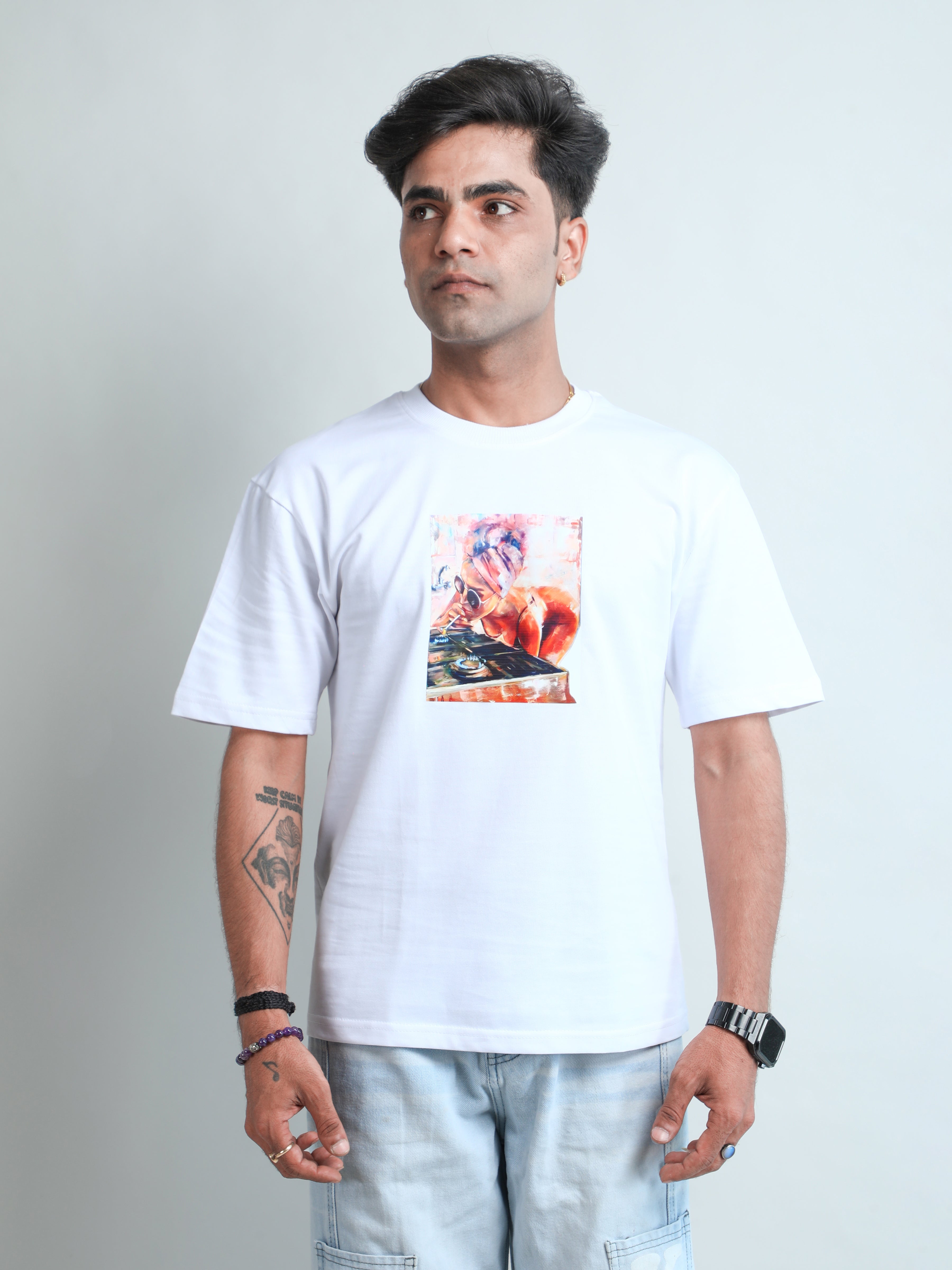 White unisex oversized t-shirt with hot lady back print