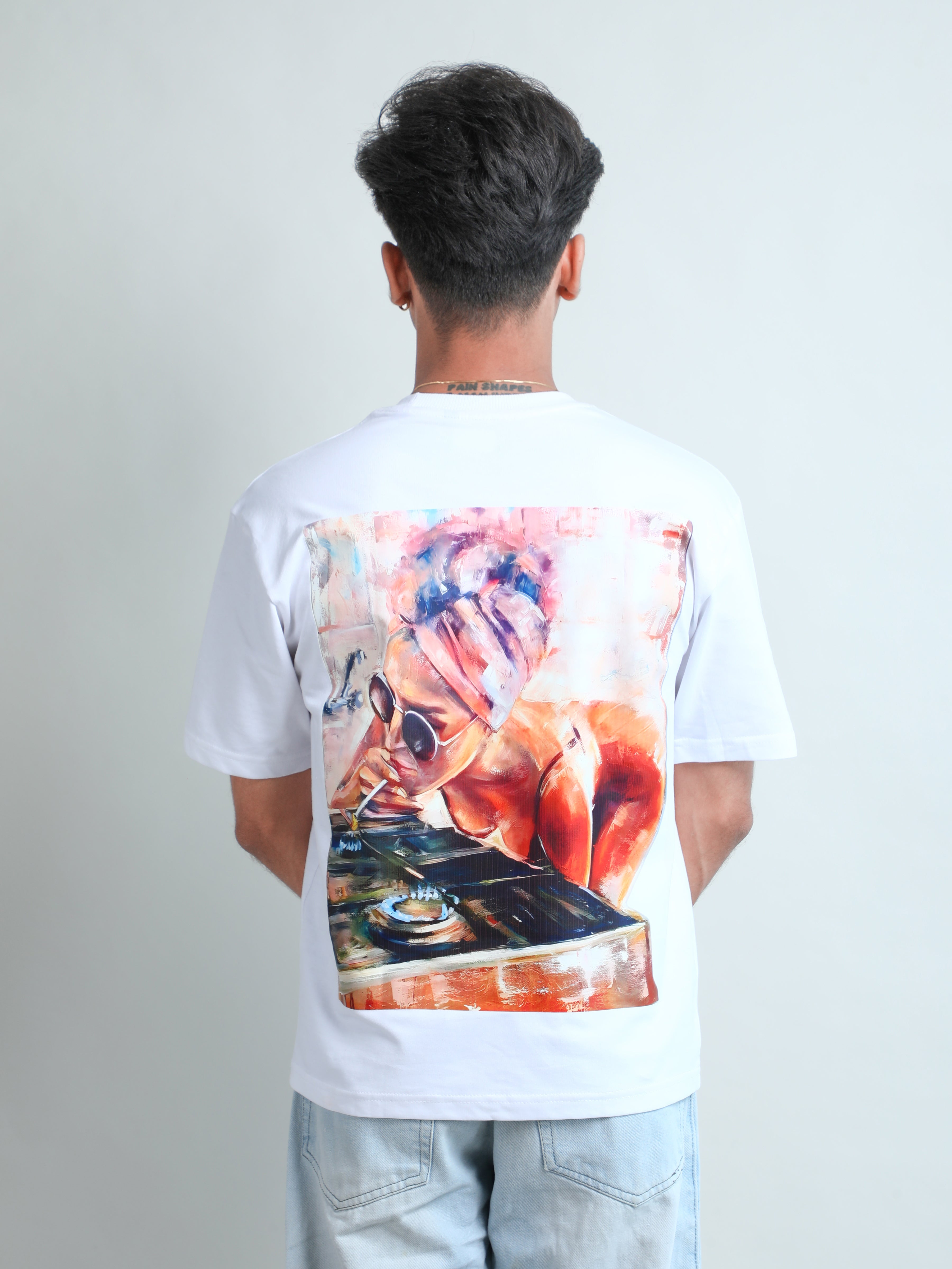 White unisex oversized t-shirt with hot lady back print