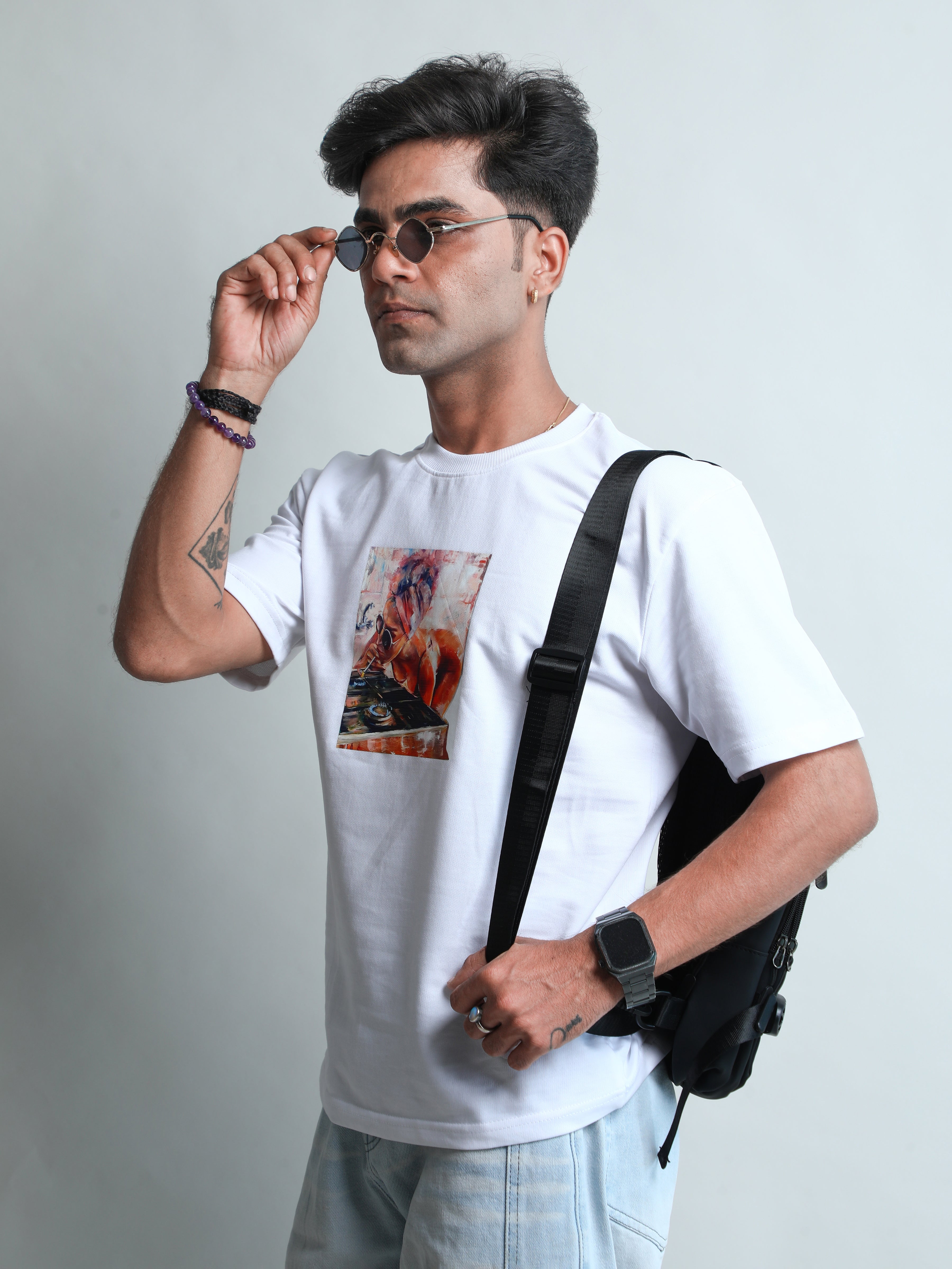White unisex oversized t-shirt with hot lady back print
