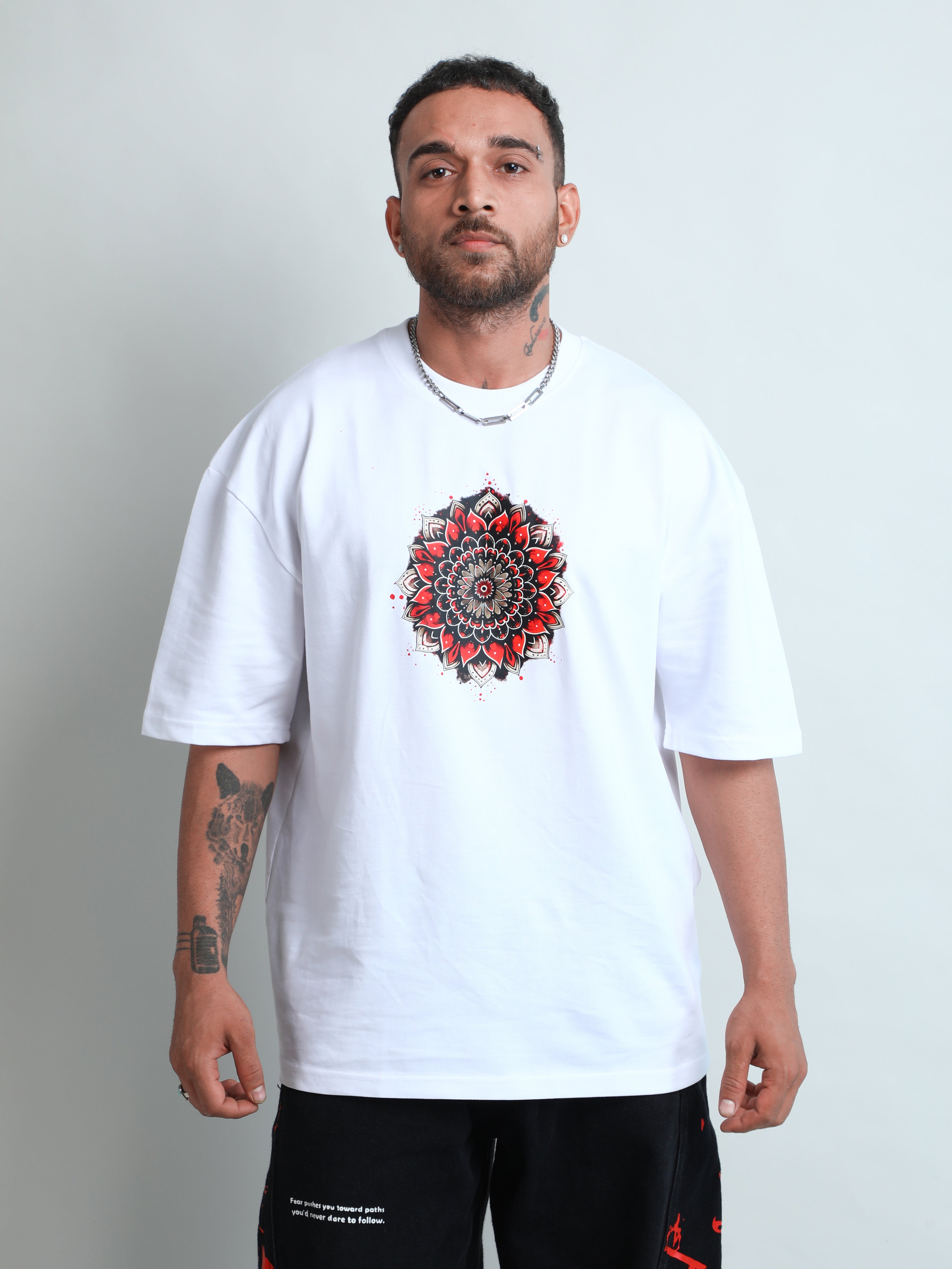 White unisex oversized t-shirt with unique graphic print