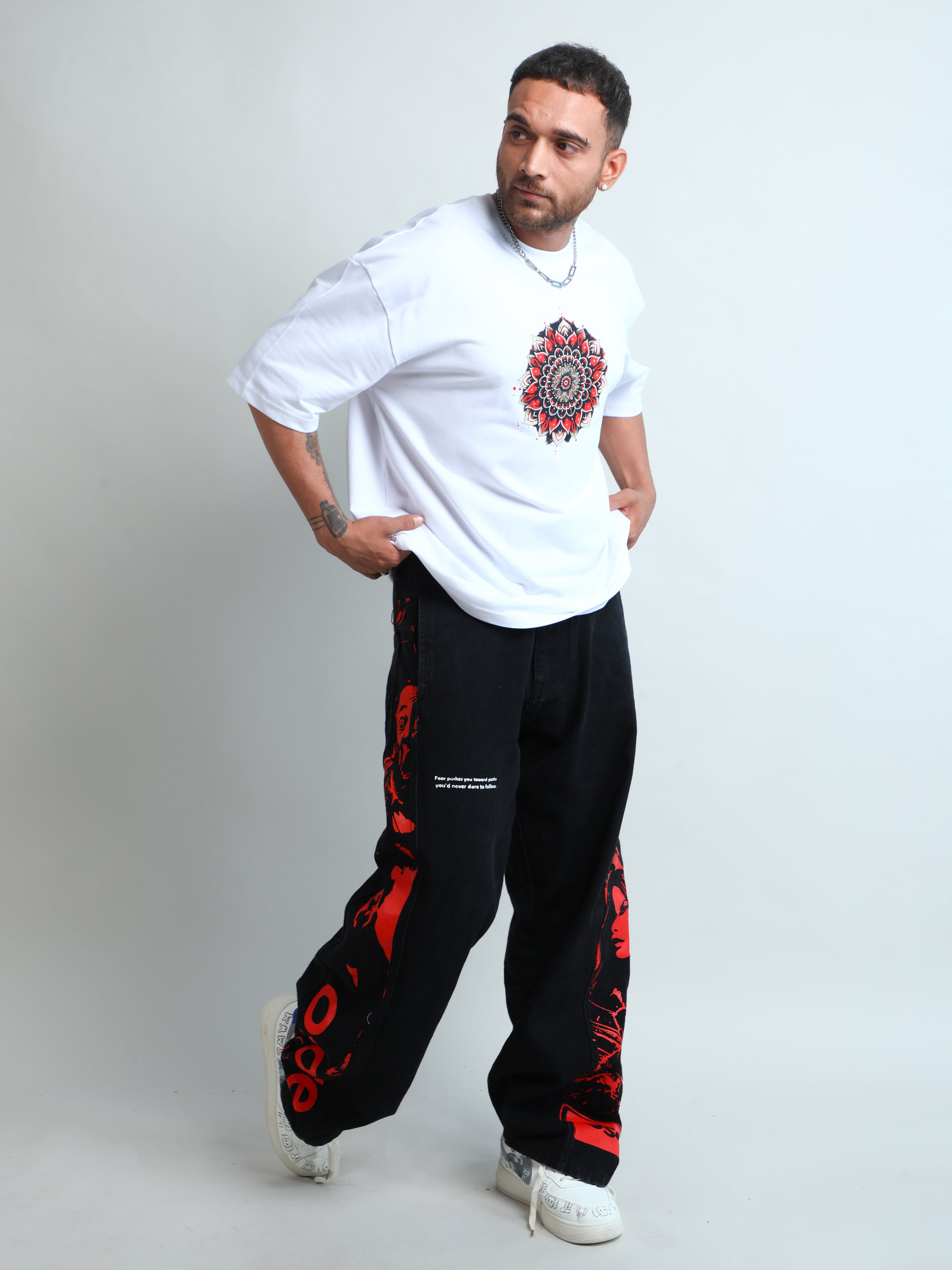 White unisex oversized t-shirt with unique graphic print