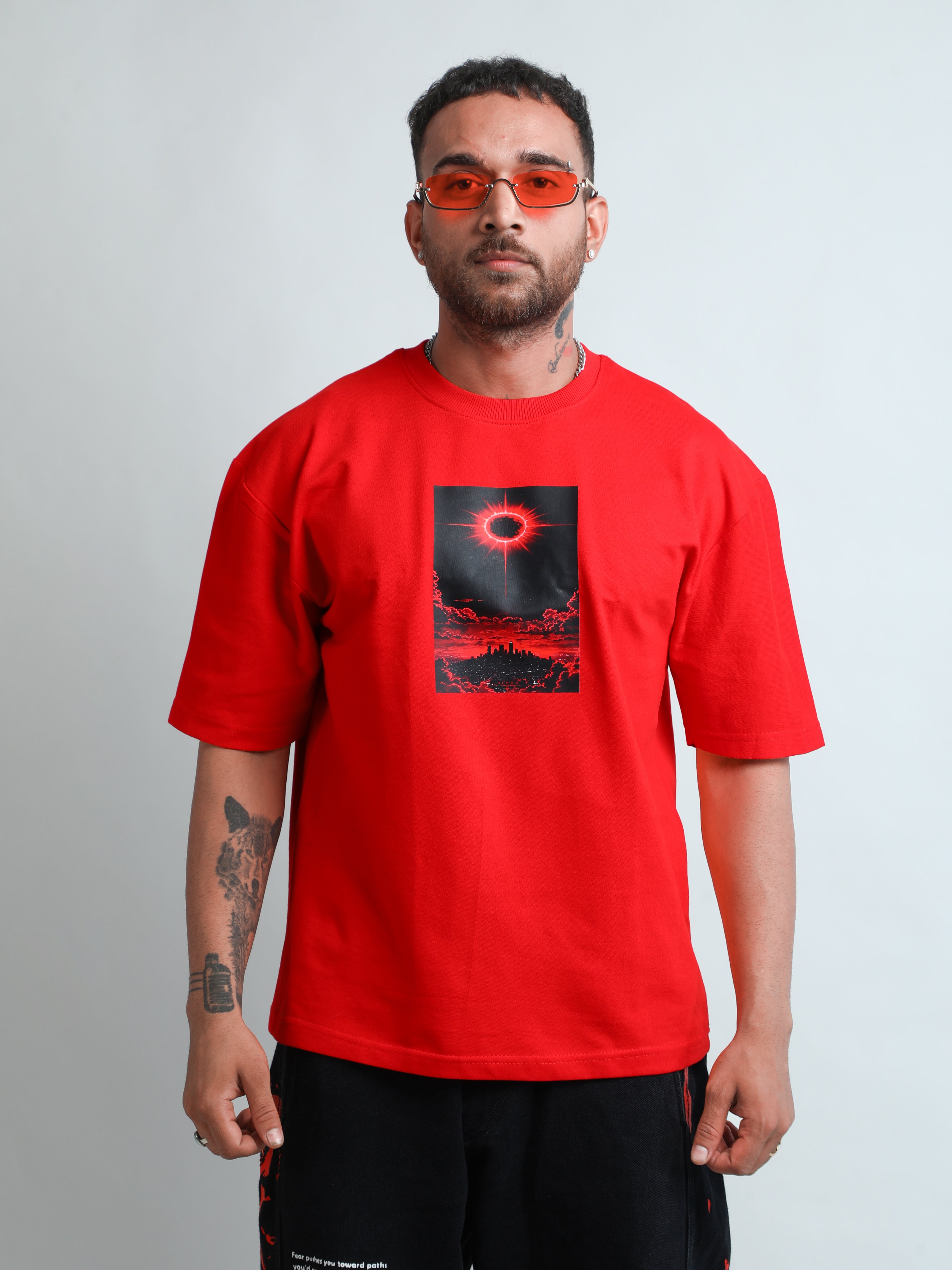 Sexy red wine unisex oversized t-shirt with black sun print