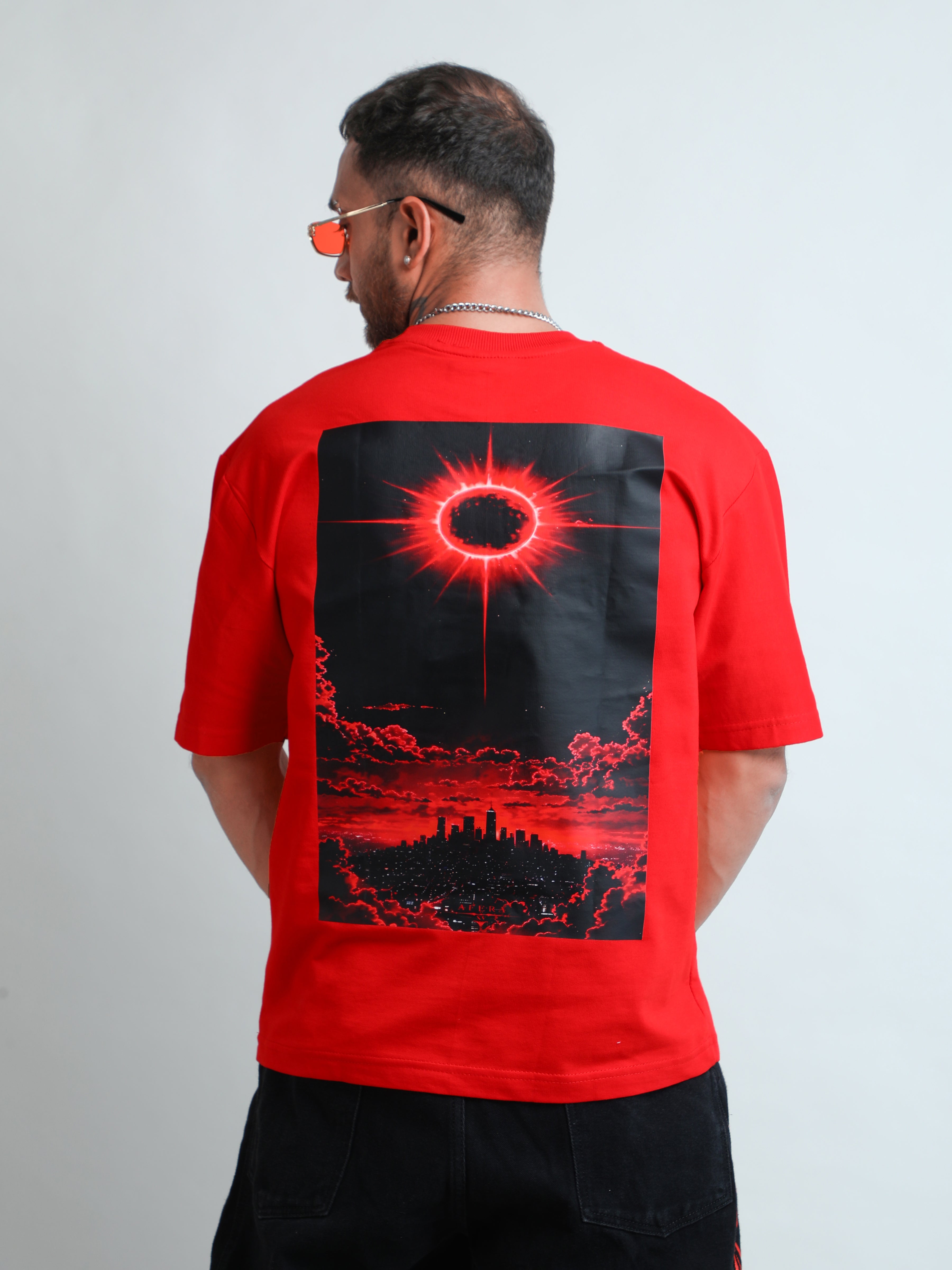 Sexy red wine unisex oversized t-shirt with black sun print