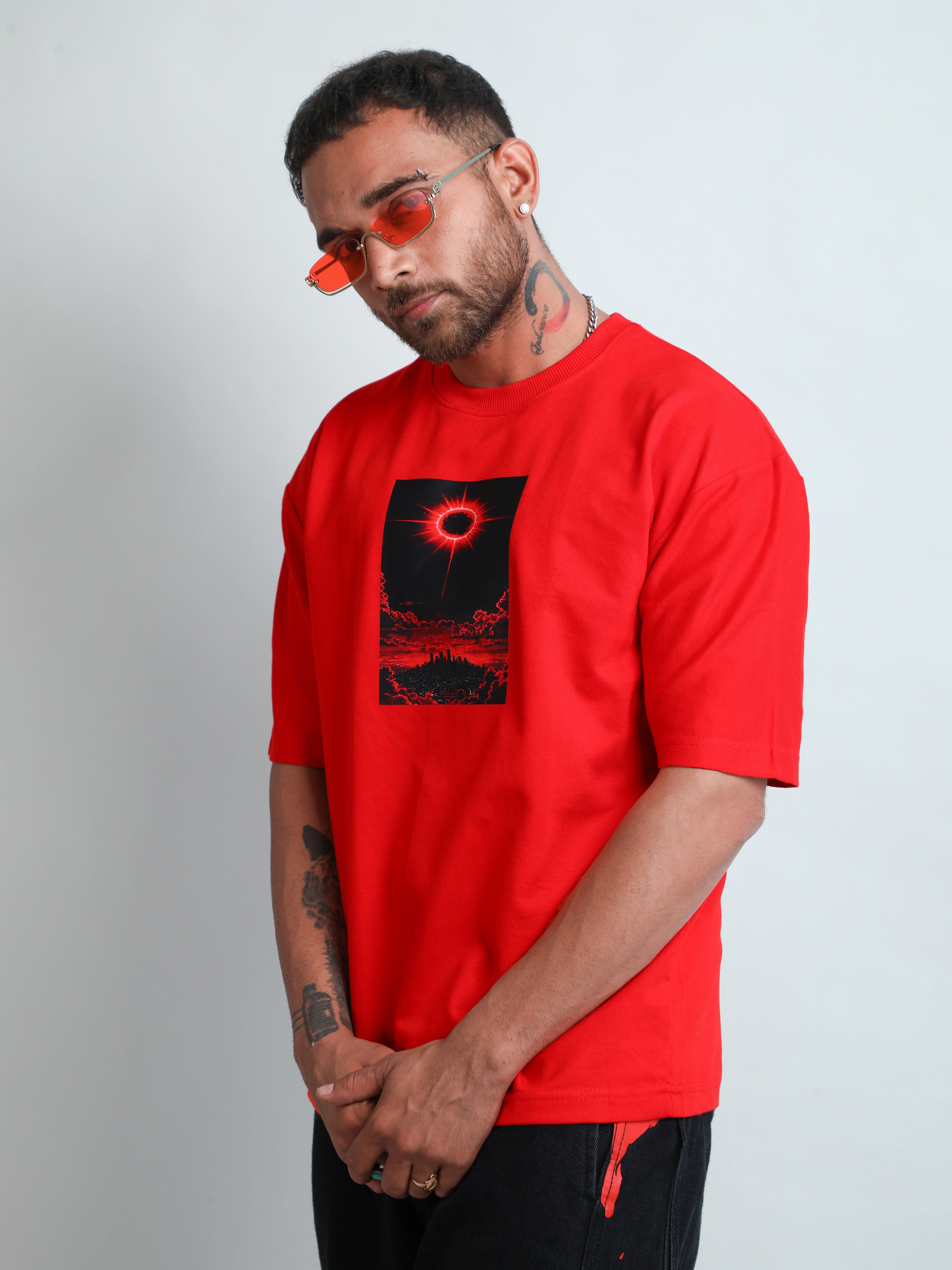 Sexy red wine unisex oversized t-shirt with black sun print