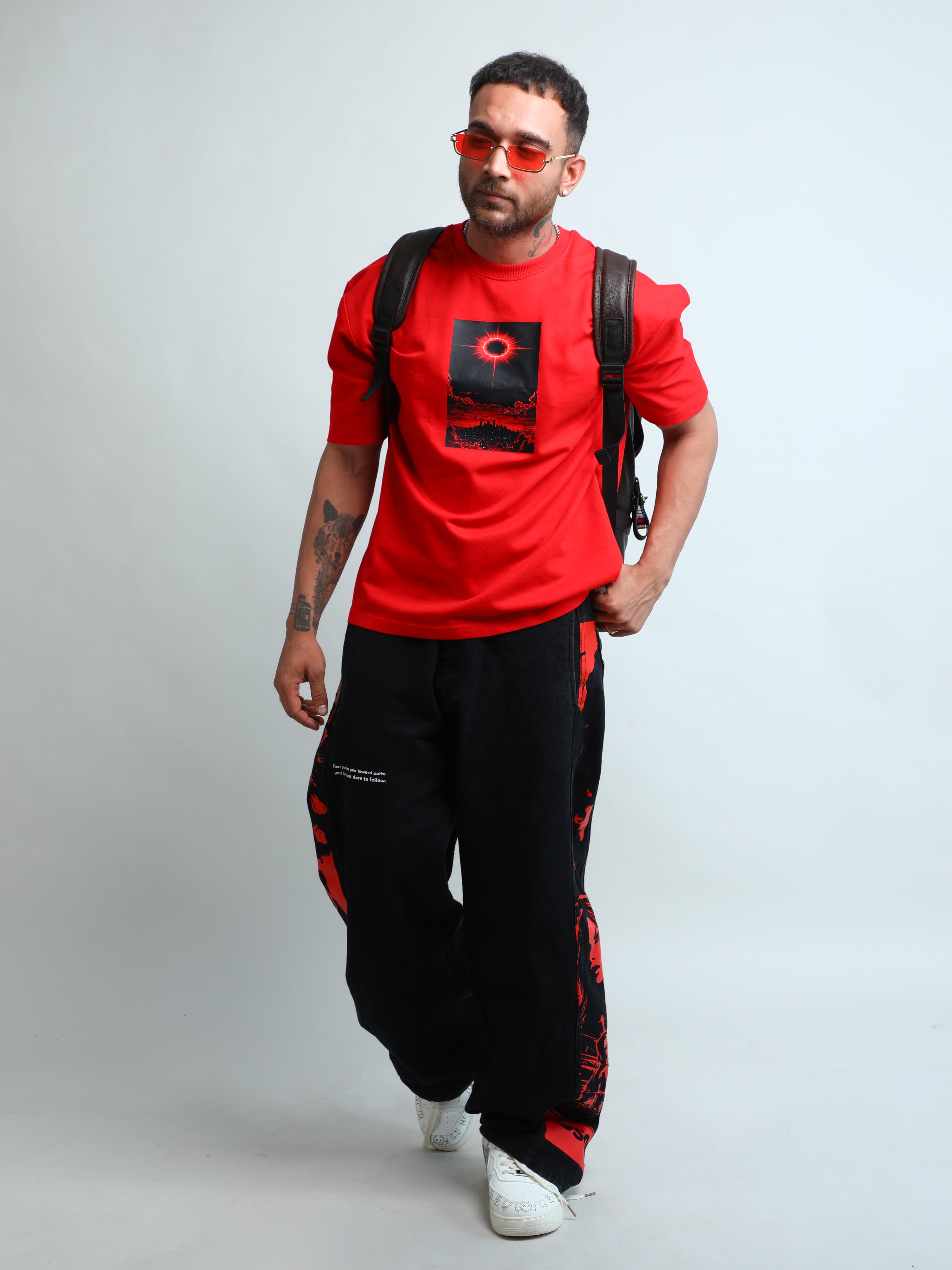 Sexy red wine unisex oversized t-shirt with black sun print