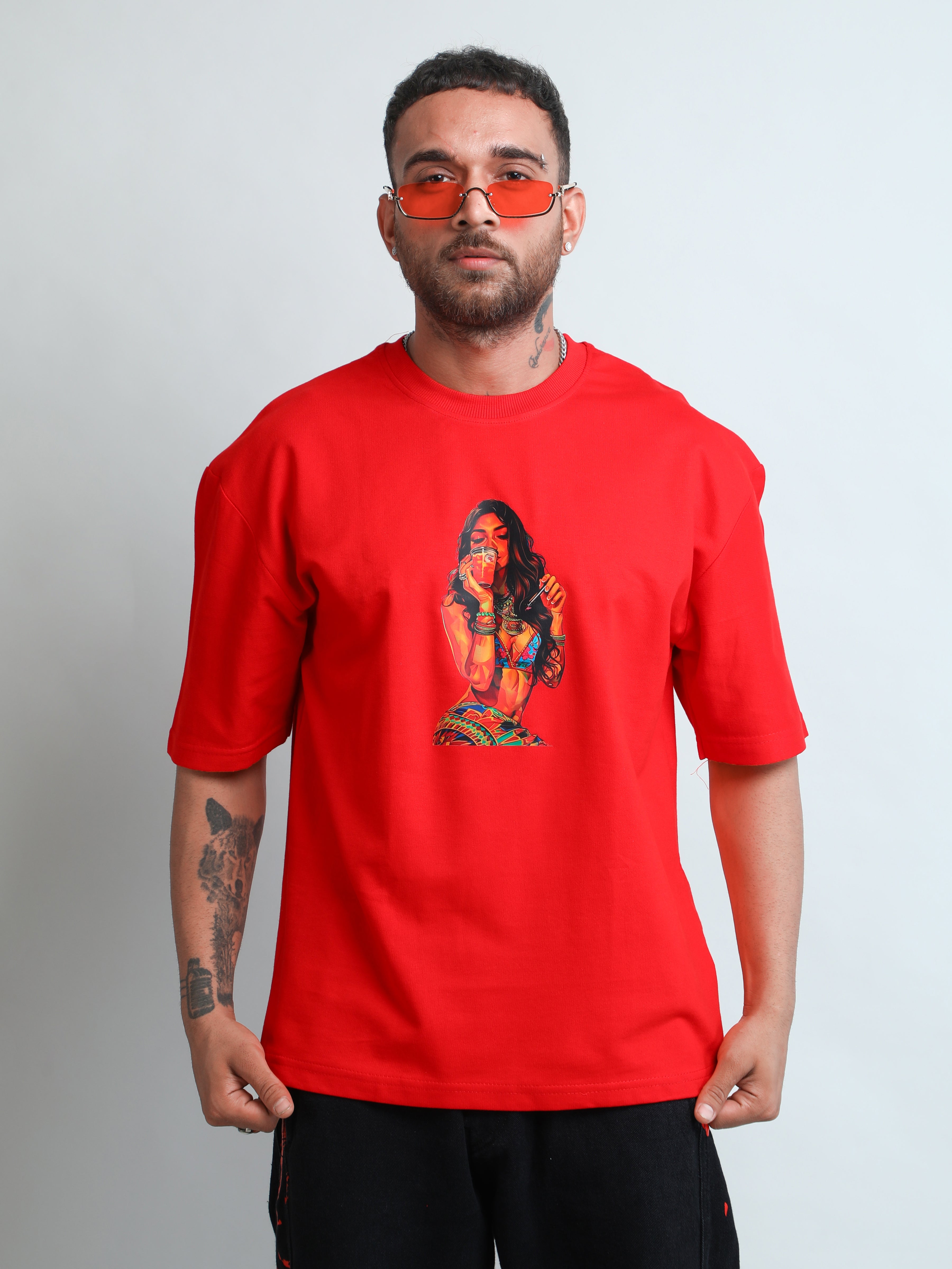 Trendy red colour oversized unisex t-shirt