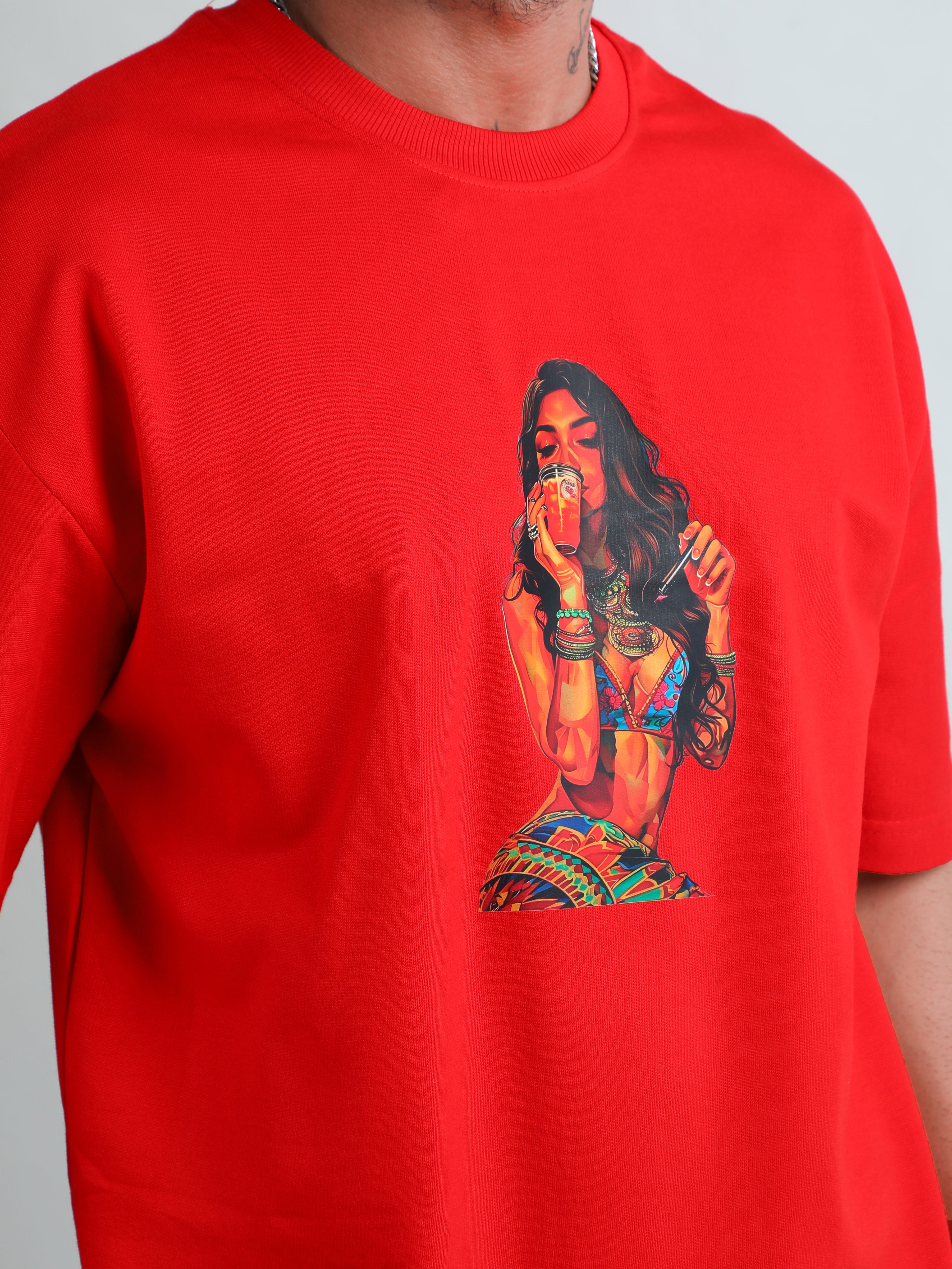 Trendy red colour oversized unisex t-shirt