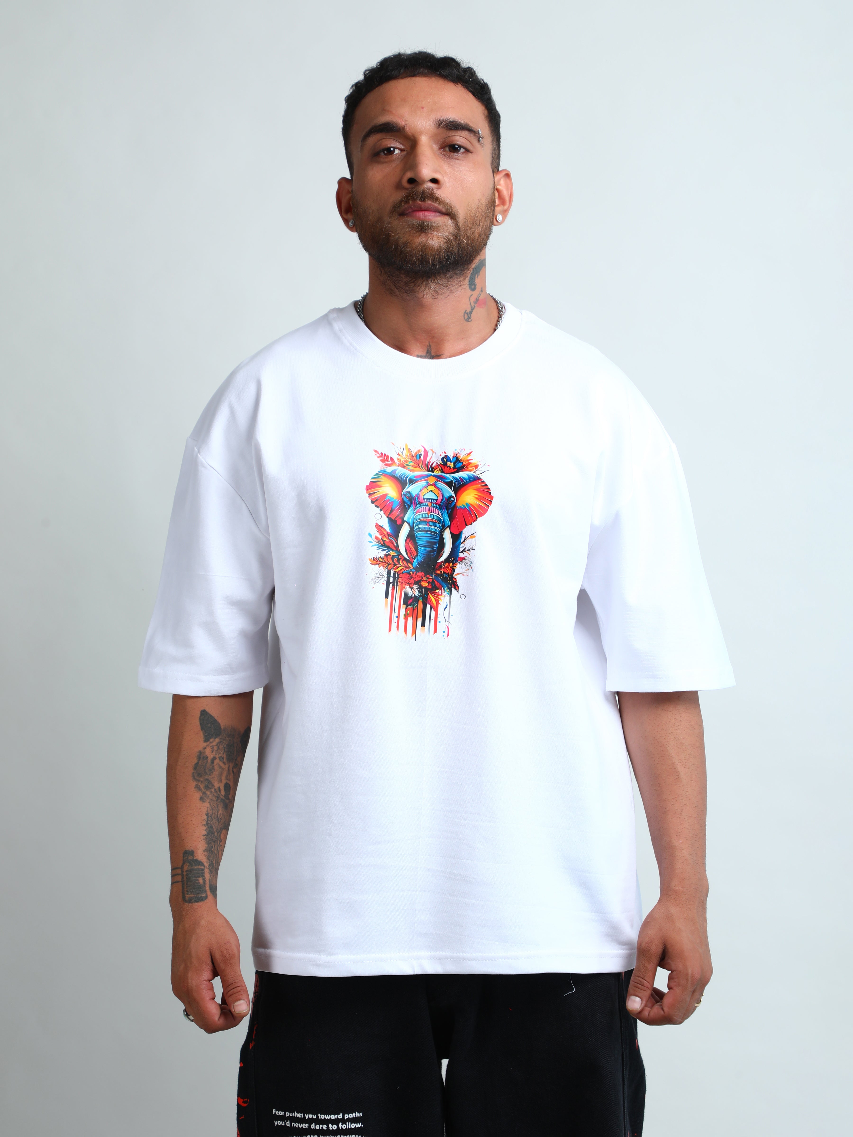 White unisex oversized t-shirt with strong elephant graphic design