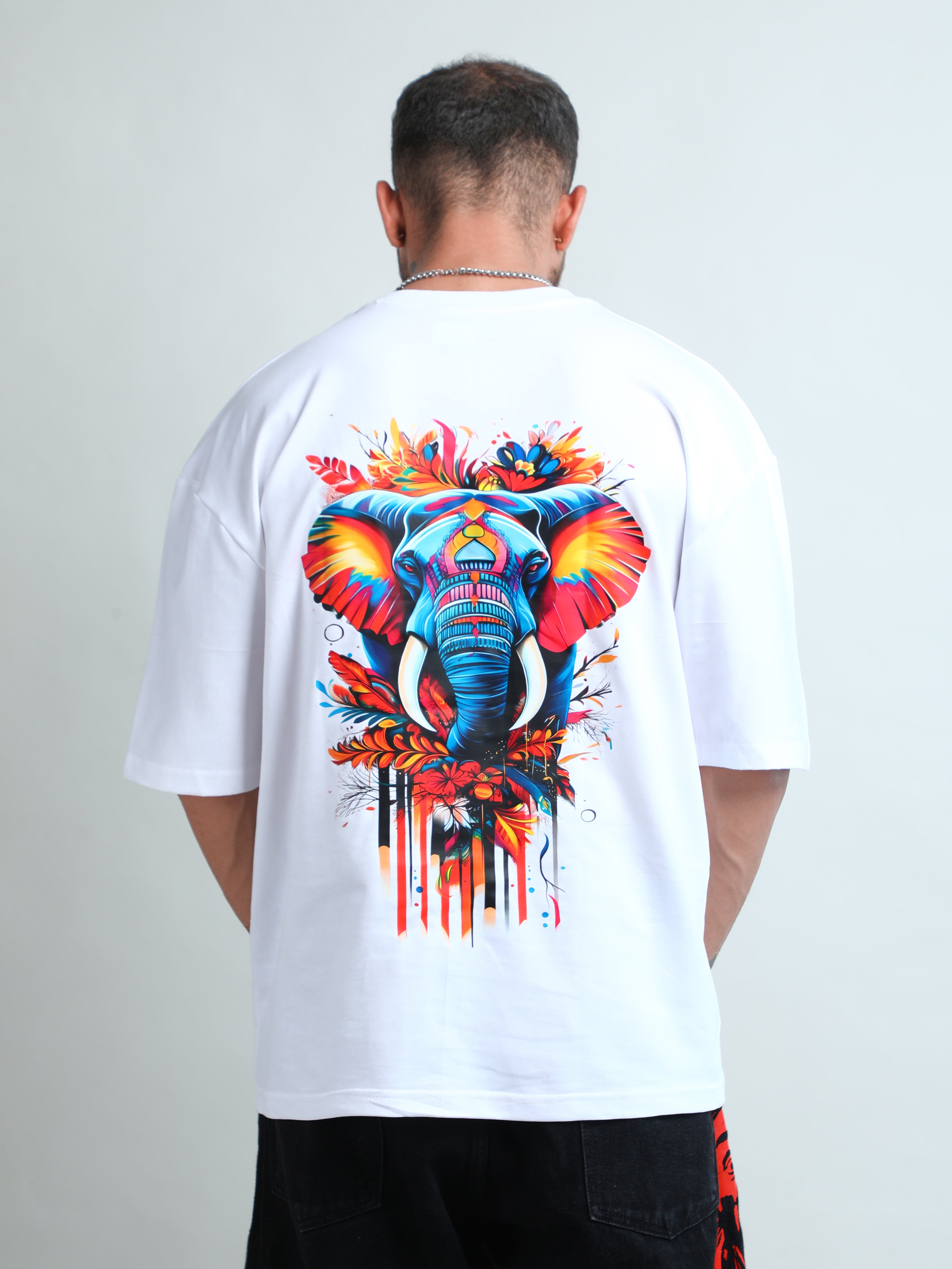 White unisex oversized t-shirt with strong elephant graphic design