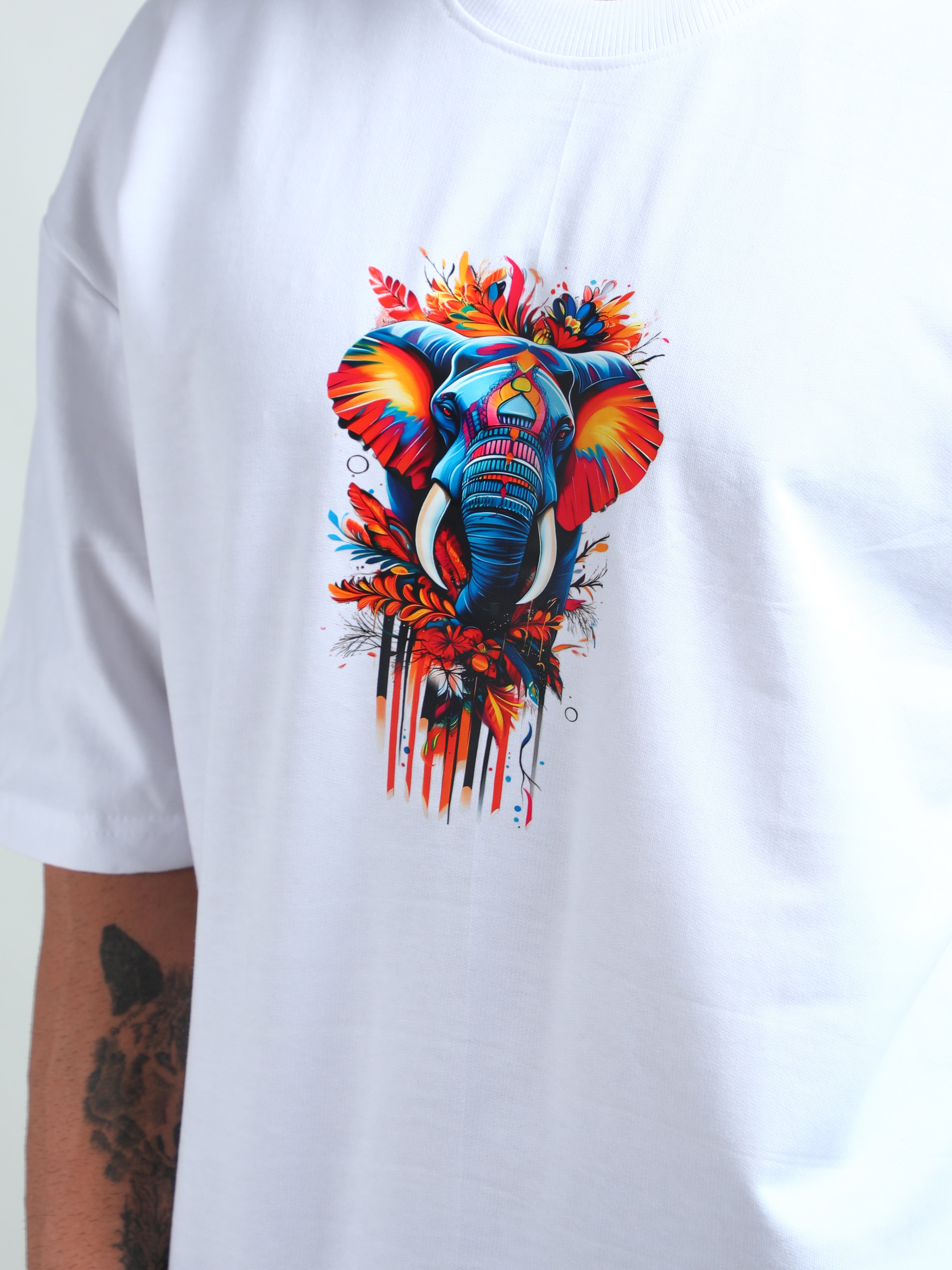 White unisex oversized t-shirt with strong elephant graphic design
