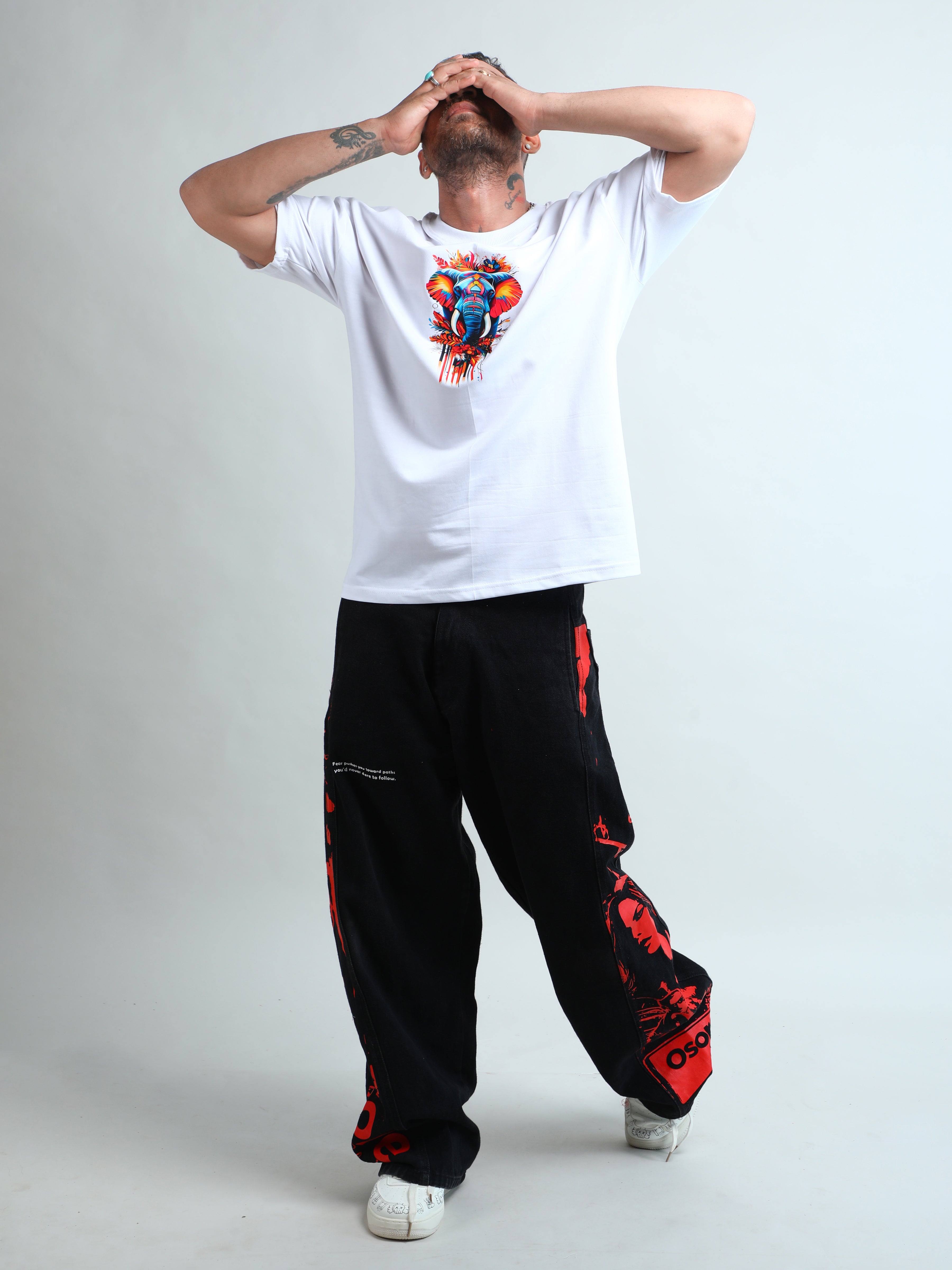 White unisex oversized t-shirt with strong elephant graphic design