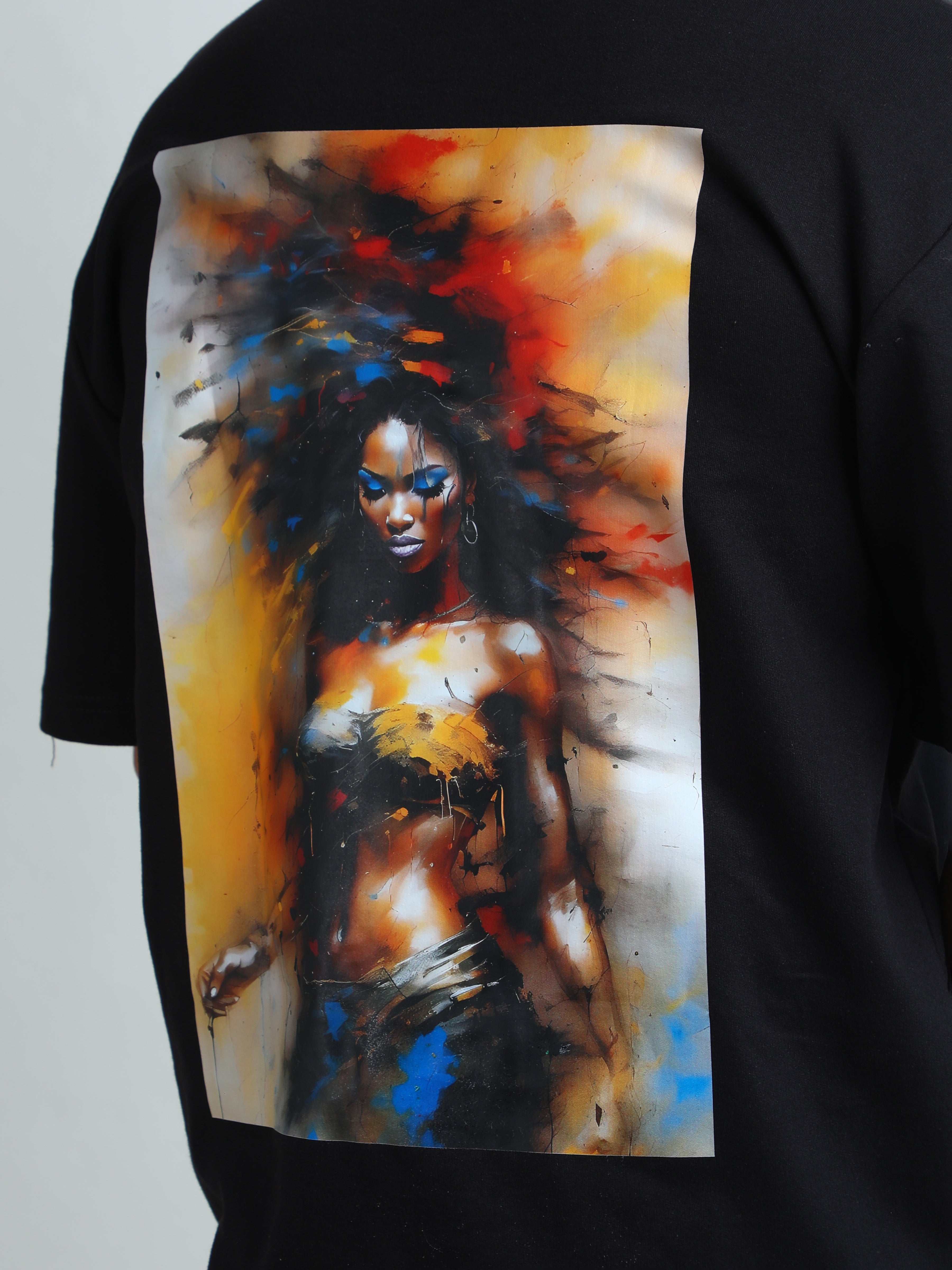 Black unisex oversized t-shirt with hot lady in colours print