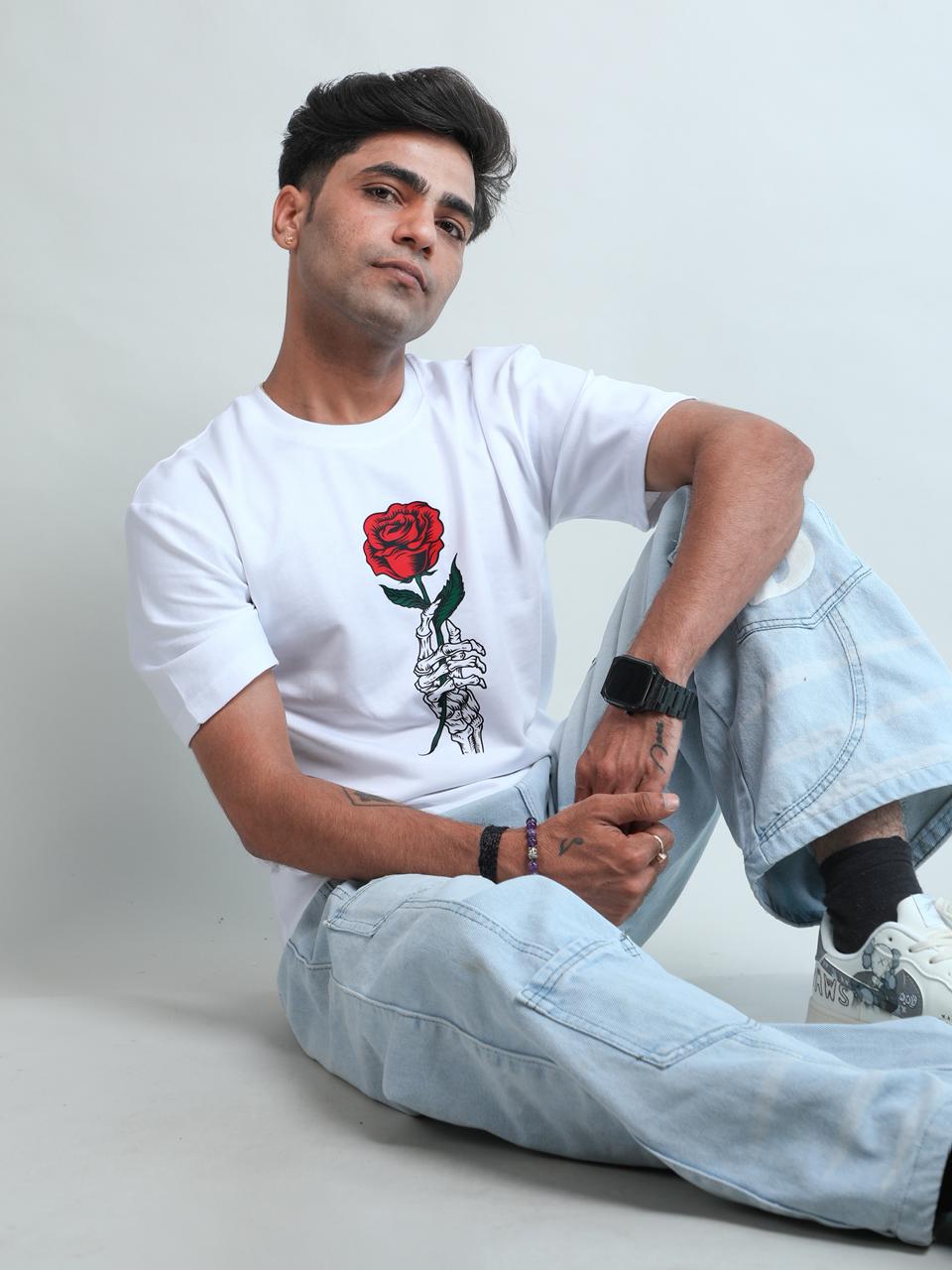 Minimal Aesthetic Rose Print T-Shirt (White Cotton Tee)