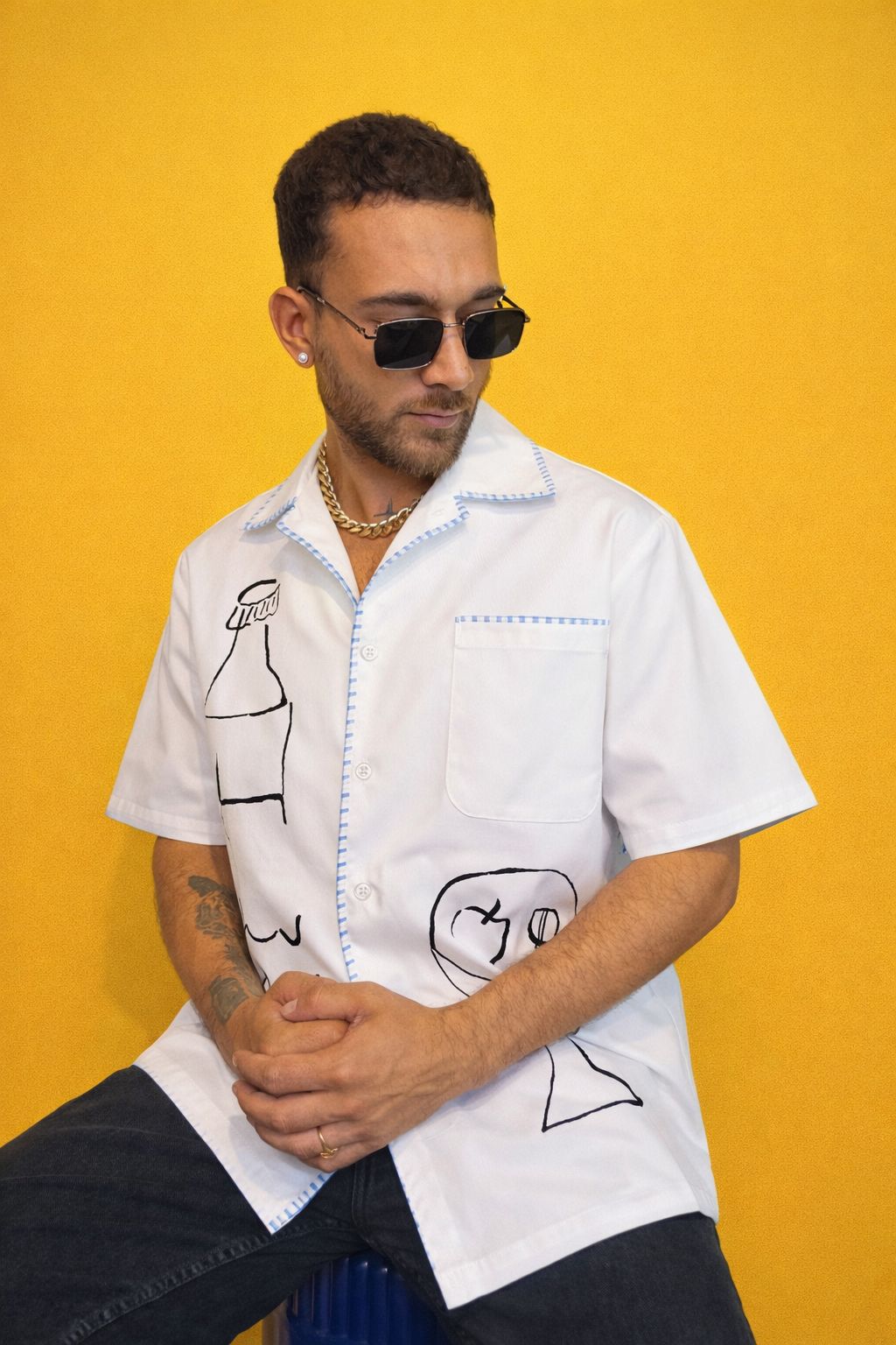 White Hand-Drawn Print Shirt – Premium Casual Summer Shirt for Men