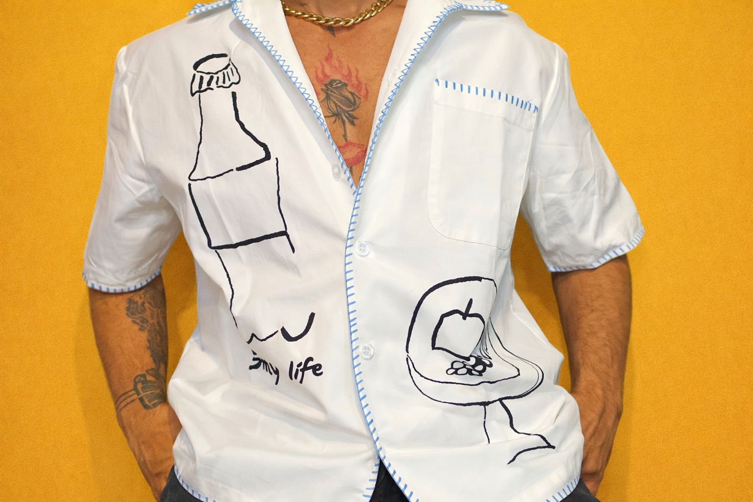 White Hand-Drawn Print Shirt – Premium Casual Summer Shirt for Men