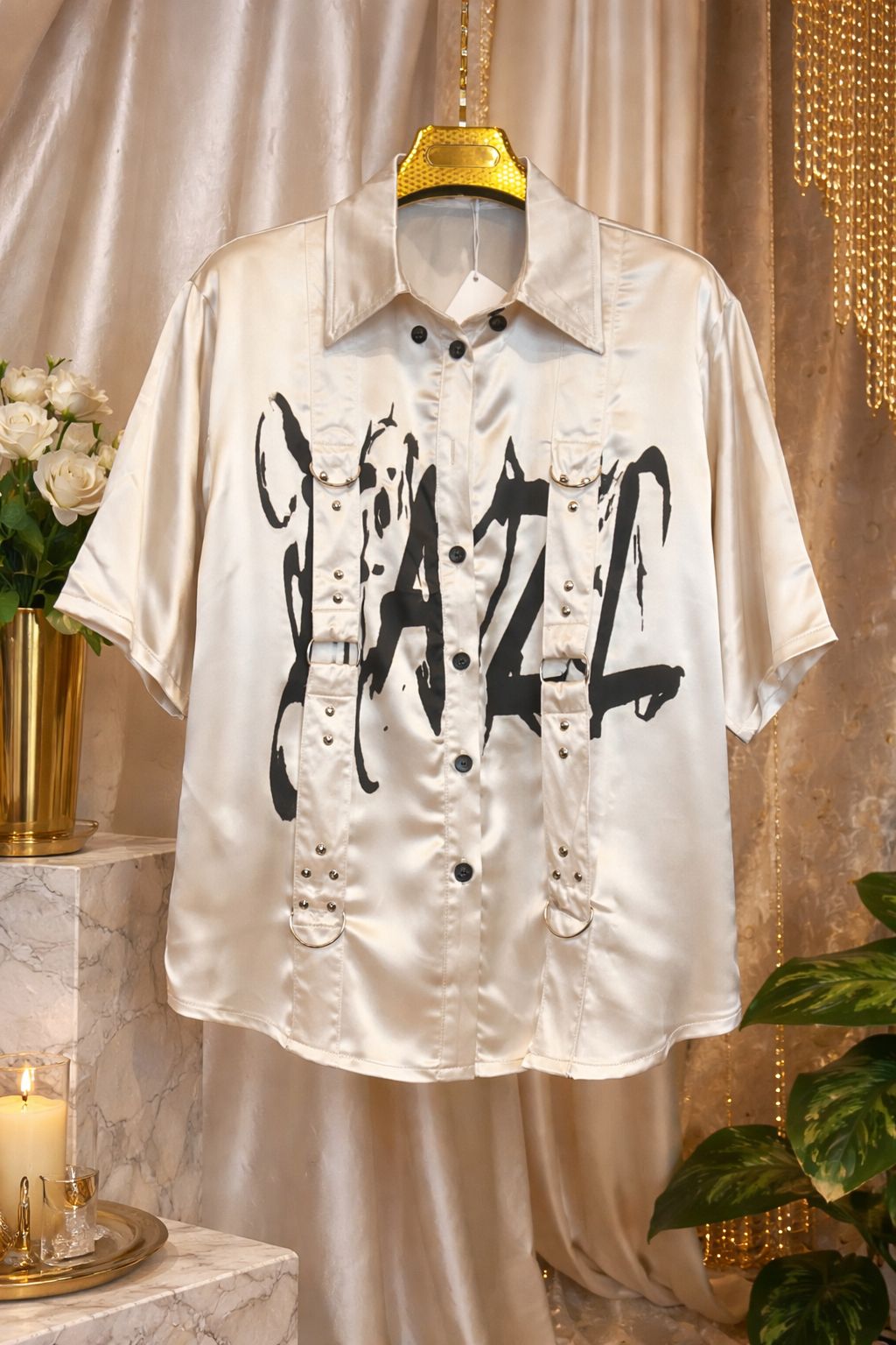 Premium Satin Graffiti Designer Shirt (Off White)