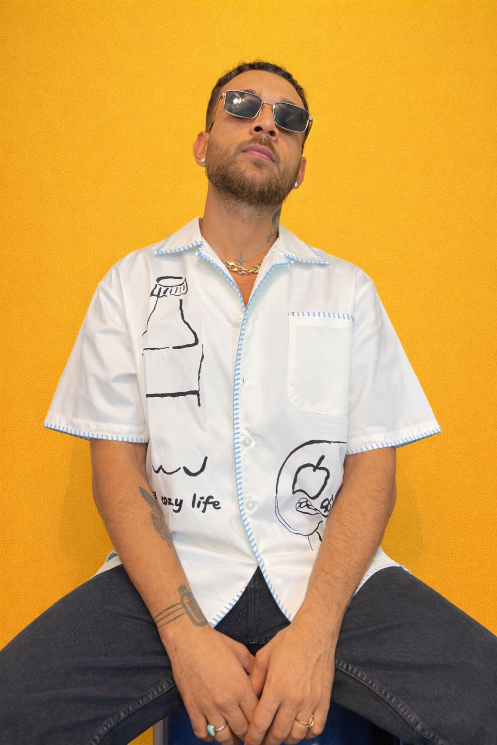 White Hand-Drawn Print Shirt – Premium Casual Summer Shirt for Men